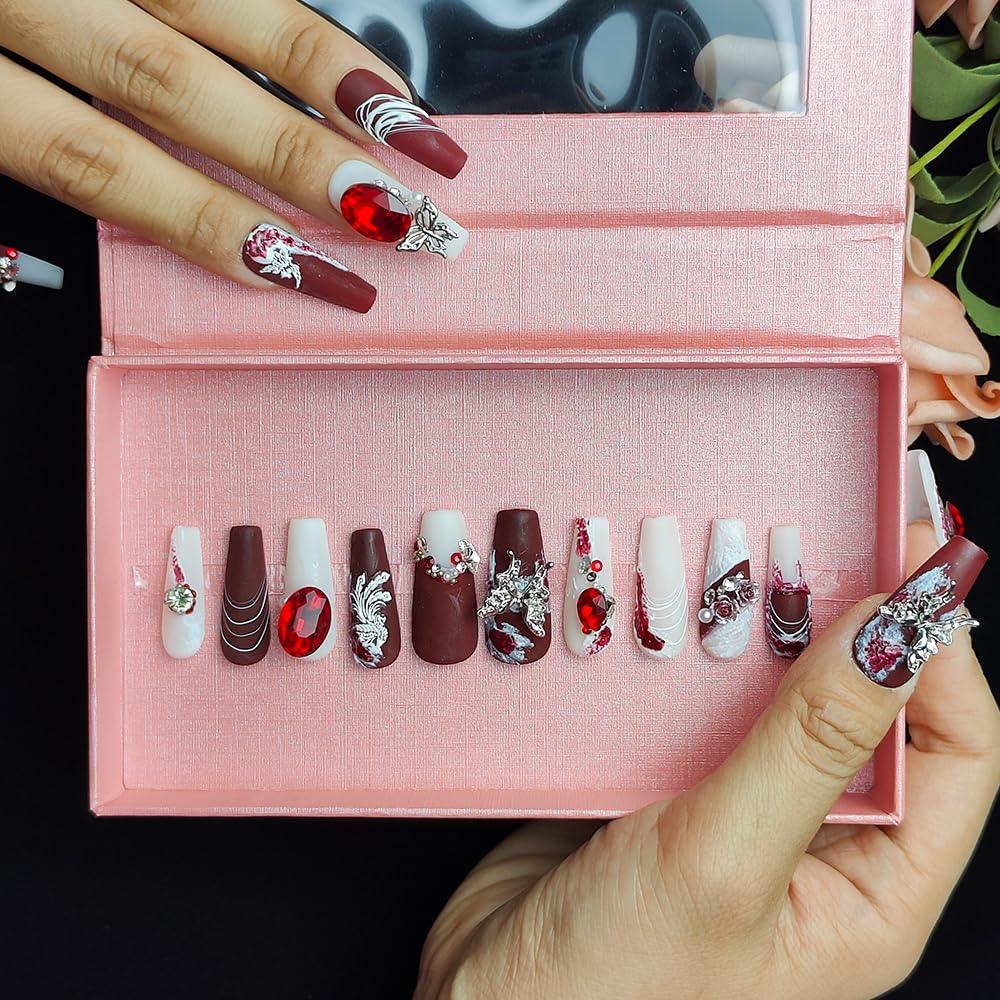 GGddsha Shiny Red Suede - 3D Crystal Faux Nails w/Box Gift Set