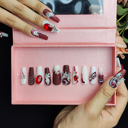 GGddsha Shiny Red Suede - 3D Crystal Faux Nails w/Box Gift Set
