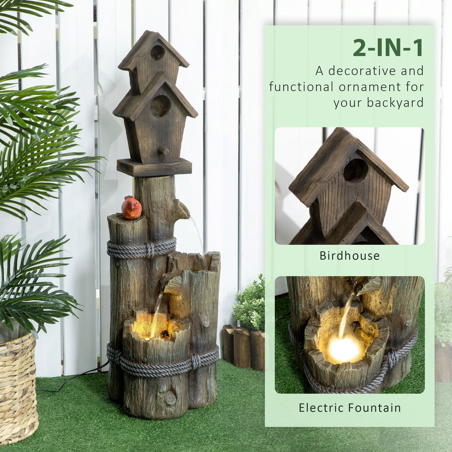 Birdhouse 3-Tier Lighted Log Garden Fountain