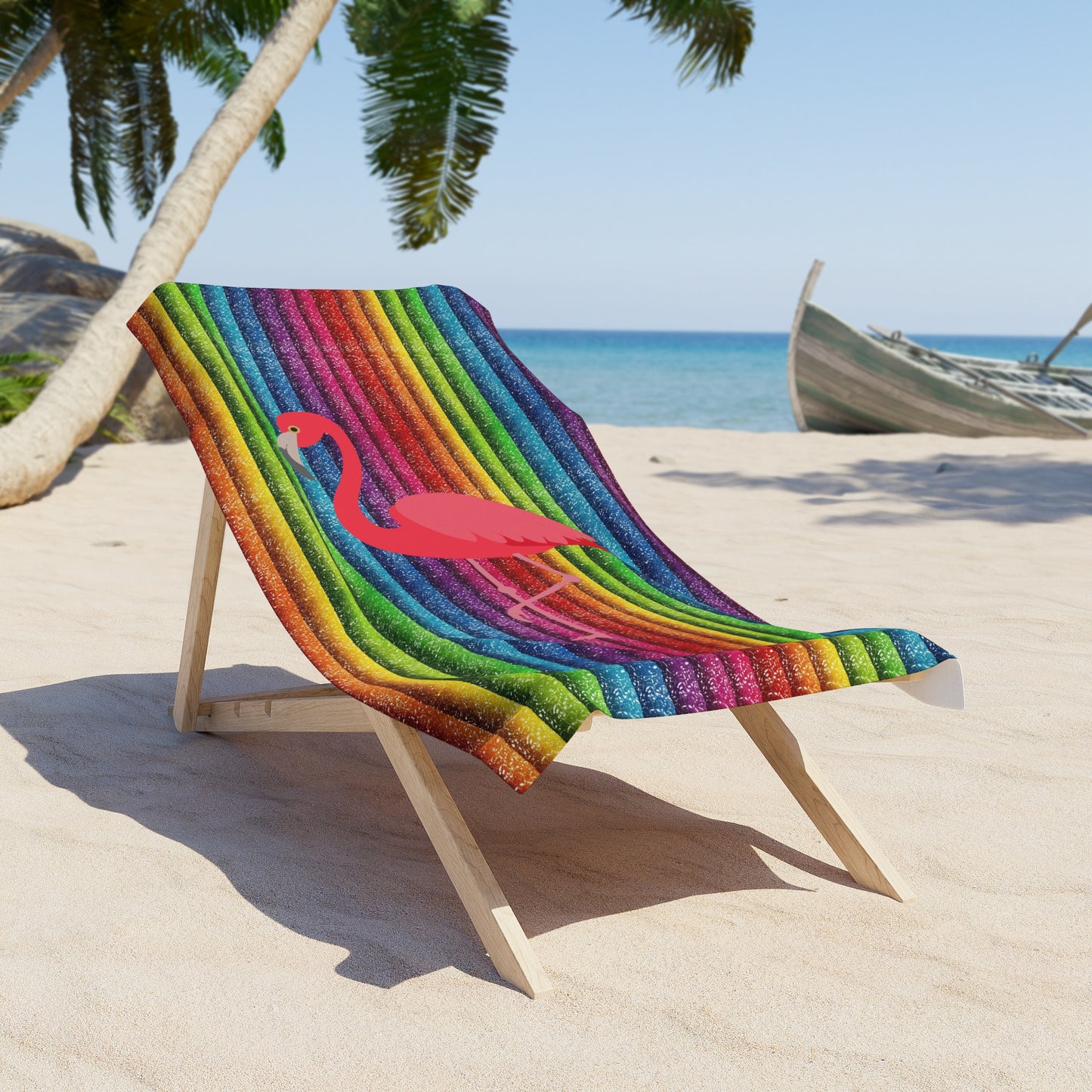 Rainbow Striped Flamingo Beach Towel