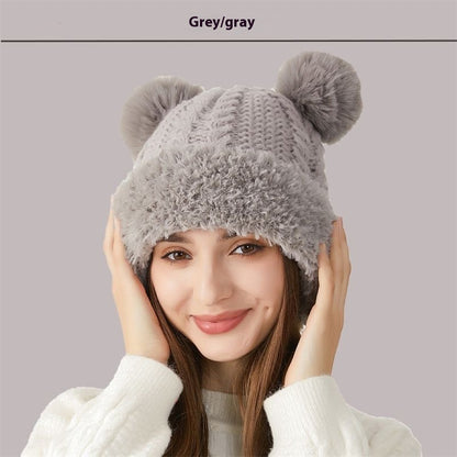 Teddy Bear Ears Fur-Ball Knitted Hat