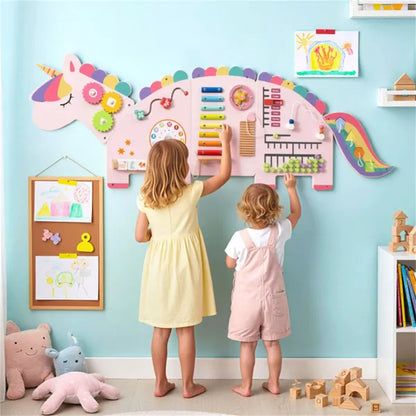 Montessori Activity Wall Busy Board Panel  -  11-in-1 Pink Rainbow Unicorn