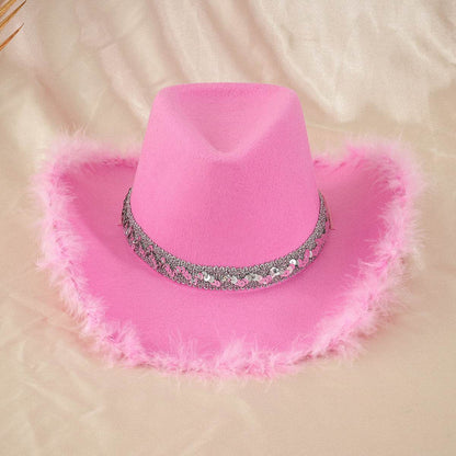 Sequined Ribbon & Upturned Eaves Raw Edge CowGirl Hat! - Shop Jobie