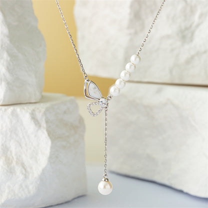 925 Sterling Silver Pearl Bow Necklace