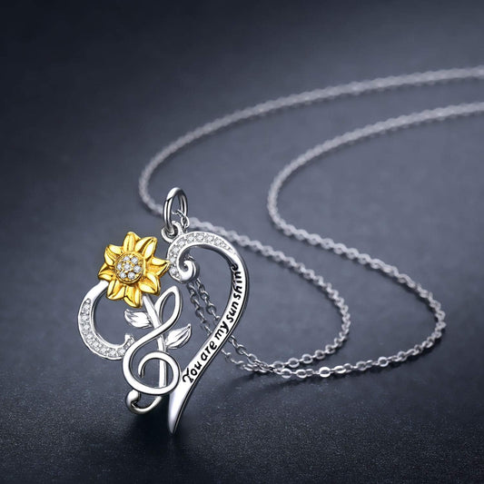 Sunflower Necklace S925 Sterling Silver - You Are My Sunshine Necklace Sun Flower Heart Pendant Musical Note Jewelry Gifts for Women Mom Mother'S Day Birthday