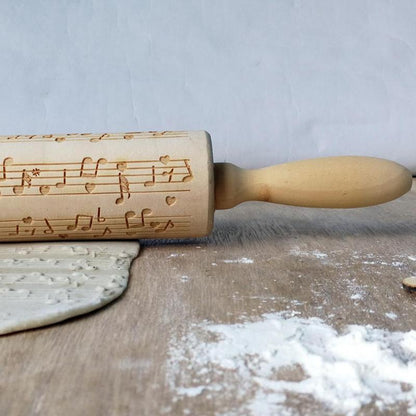 Wooden Musical Note Printing Rolling Pin Wooden Carved Embossed Dry Dough Stick Cookie Rolling Pin