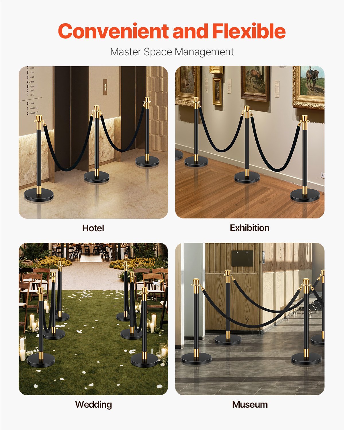 Stanchion & Velvet Rope Barrier Set - Black