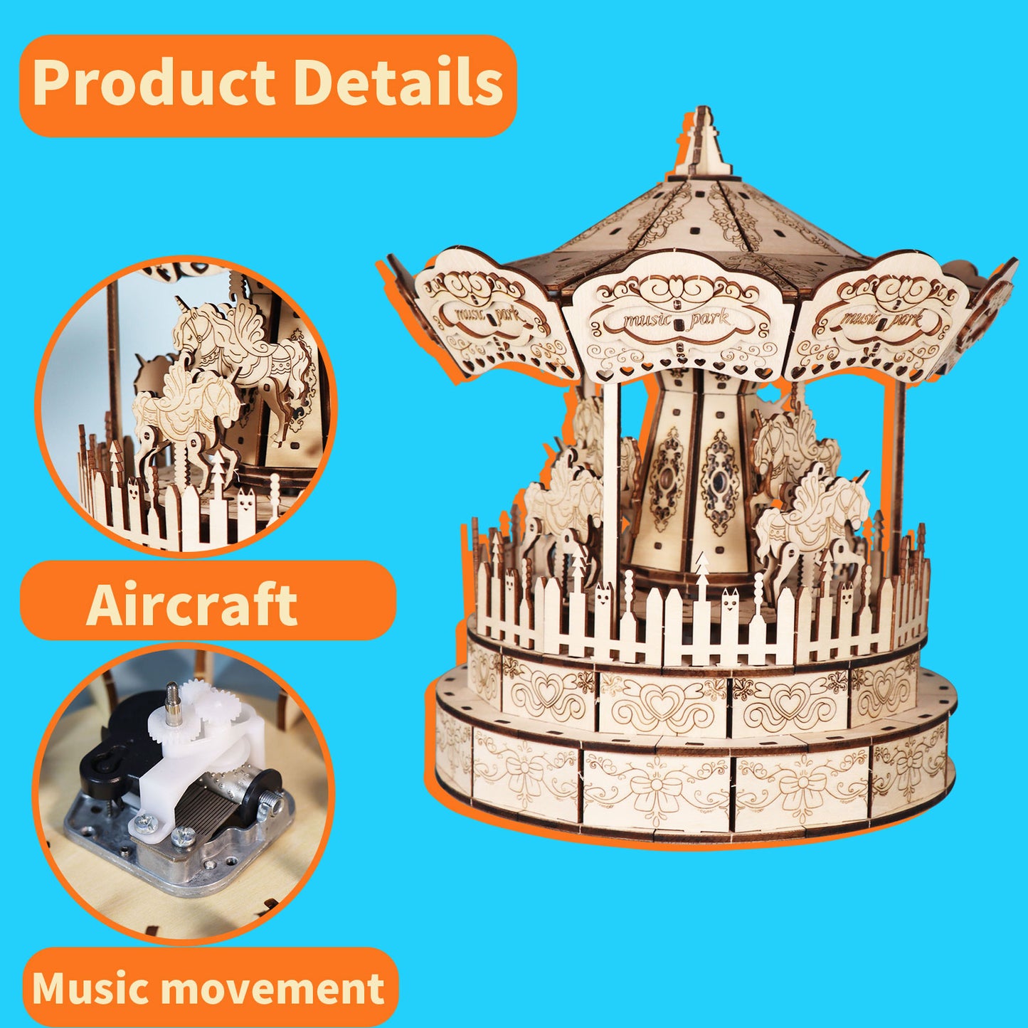 3D Wooden Puzzle Carousel Music Box