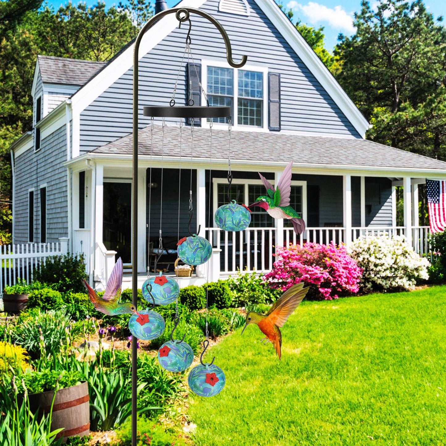 Eye-Catching Blue & Green Glass Hummingbird Feeder