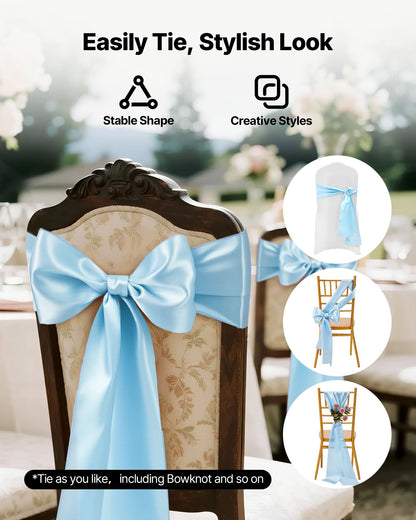 Satin Chair Sashes Bows, 100PCS - Light Blue