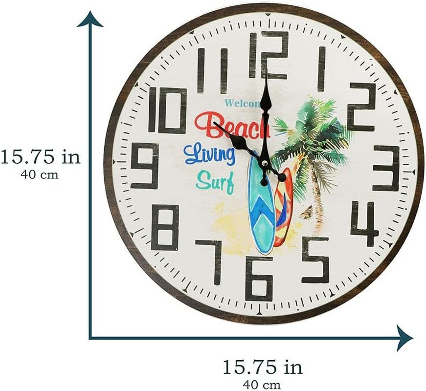 Beach Living Surfboard Wall Clock Large 15.75 Inch Vintage Weathered Wood Design Coastal Home Décor