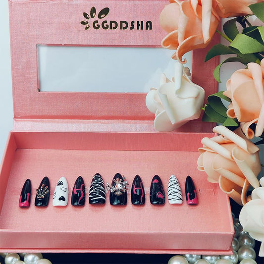 GGddsha Dark Series - Almond Acrylic Press On Nails With Rhinestones