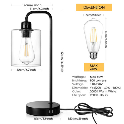 3-Way Dimmable Black Table Lamp with 2 Usb Charging Ports