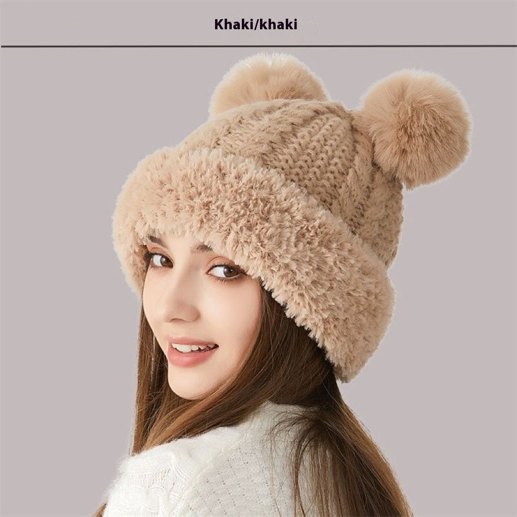 Teddy Bear Ears Fur-Ball Knitted Hat