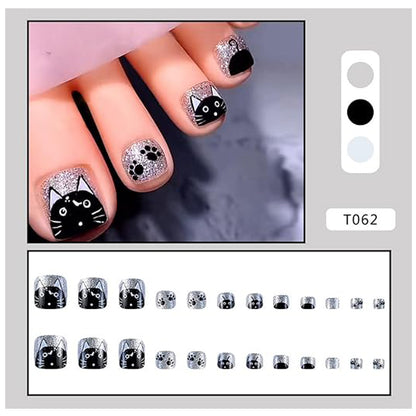 24pc Press On Toe Nails - Glitter Cats & Paws
