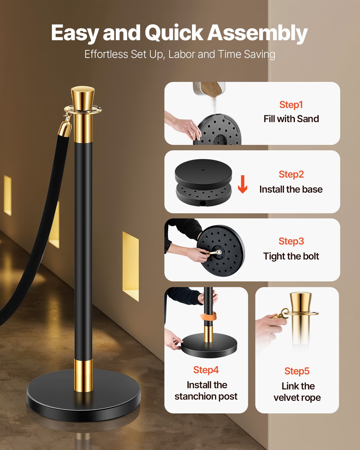 Stanchion & Velvet Rope Barrier Set - Black