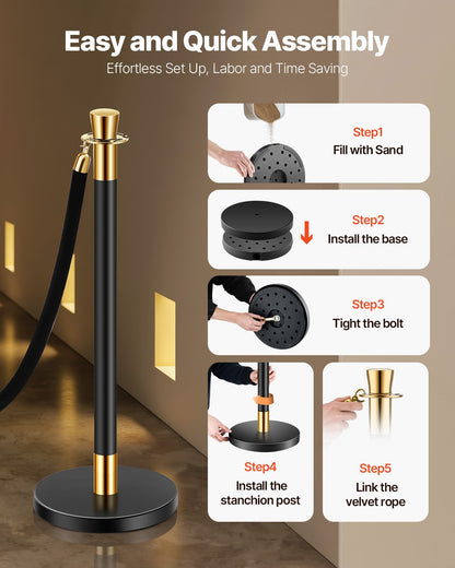 Stanchion & Velvet Rope Barrier Set - Black