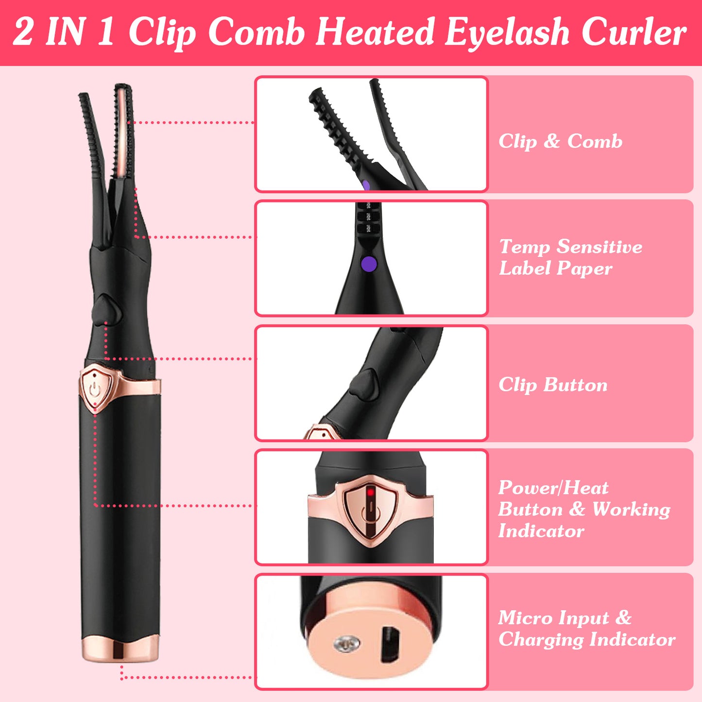 2 In 1 Clip Comb Heated Electric Mini Eyelash Curler