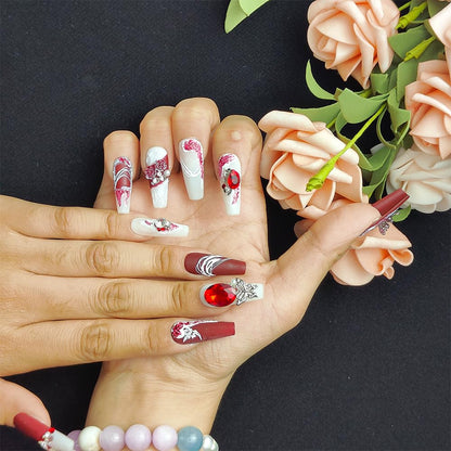 GGddsha Shiny Red Suede - 3D Crystal Faux Nails w/Box Gift Set