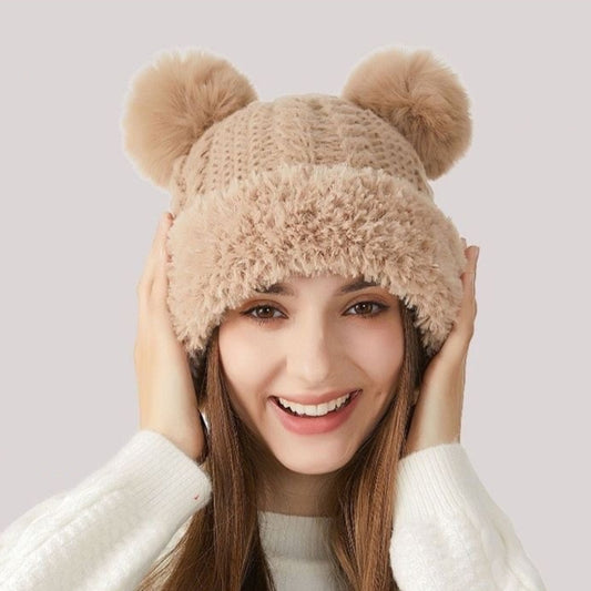 Teddy Bear Ears Fur-Ball Knitted Hat