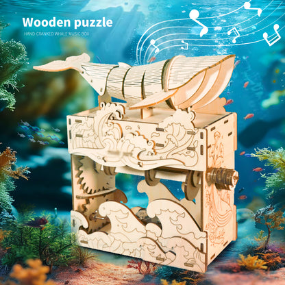3D Wooden 100pc Whale Puzzle w/Hand Crank Musical Movement
