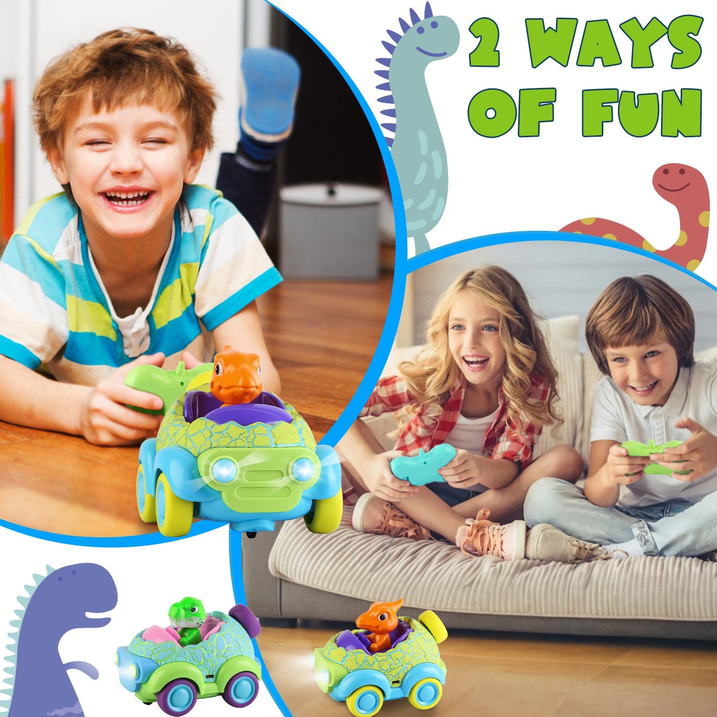 2-pk Dinosaur RC Car Set w/Lights + Music