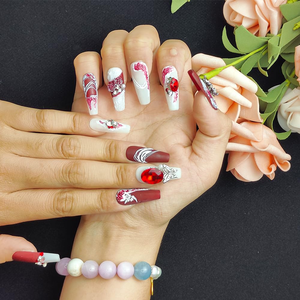 GGddsha Shiny Red Suede - 3D Crystal Faux Nails w/Box Gift Set