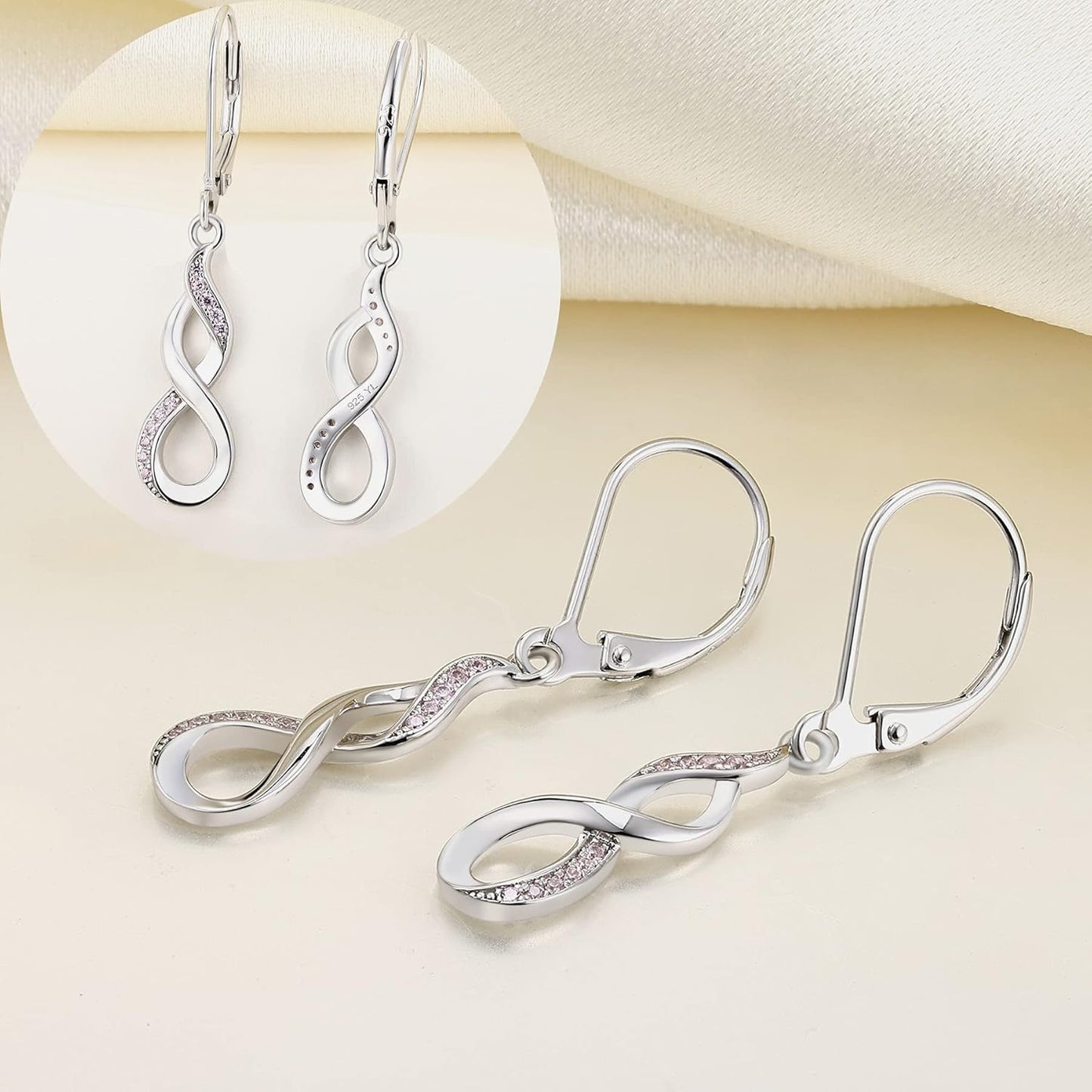 Dangle Drop Infinity Earrings 925 Sterling Silver Leverback Earrings 18K White Gold Jewelry for Women