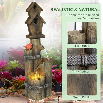 Birdhouse 3-Tier Lighted Log Garden Fountain