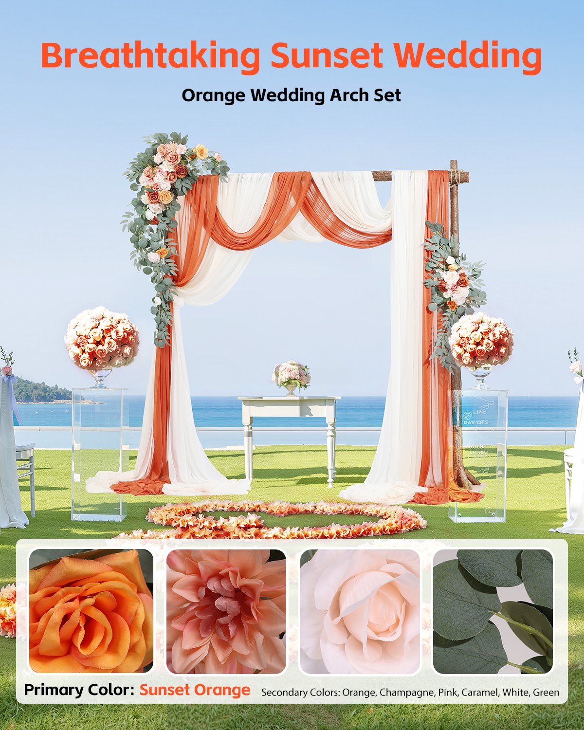Pk 5 Artificial Wedding Arch Flowers Kit w/33Ft Draping Fabric - oranges