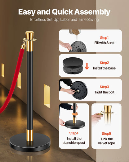 Stanchion & Velvet Rope Barrier Set - Red