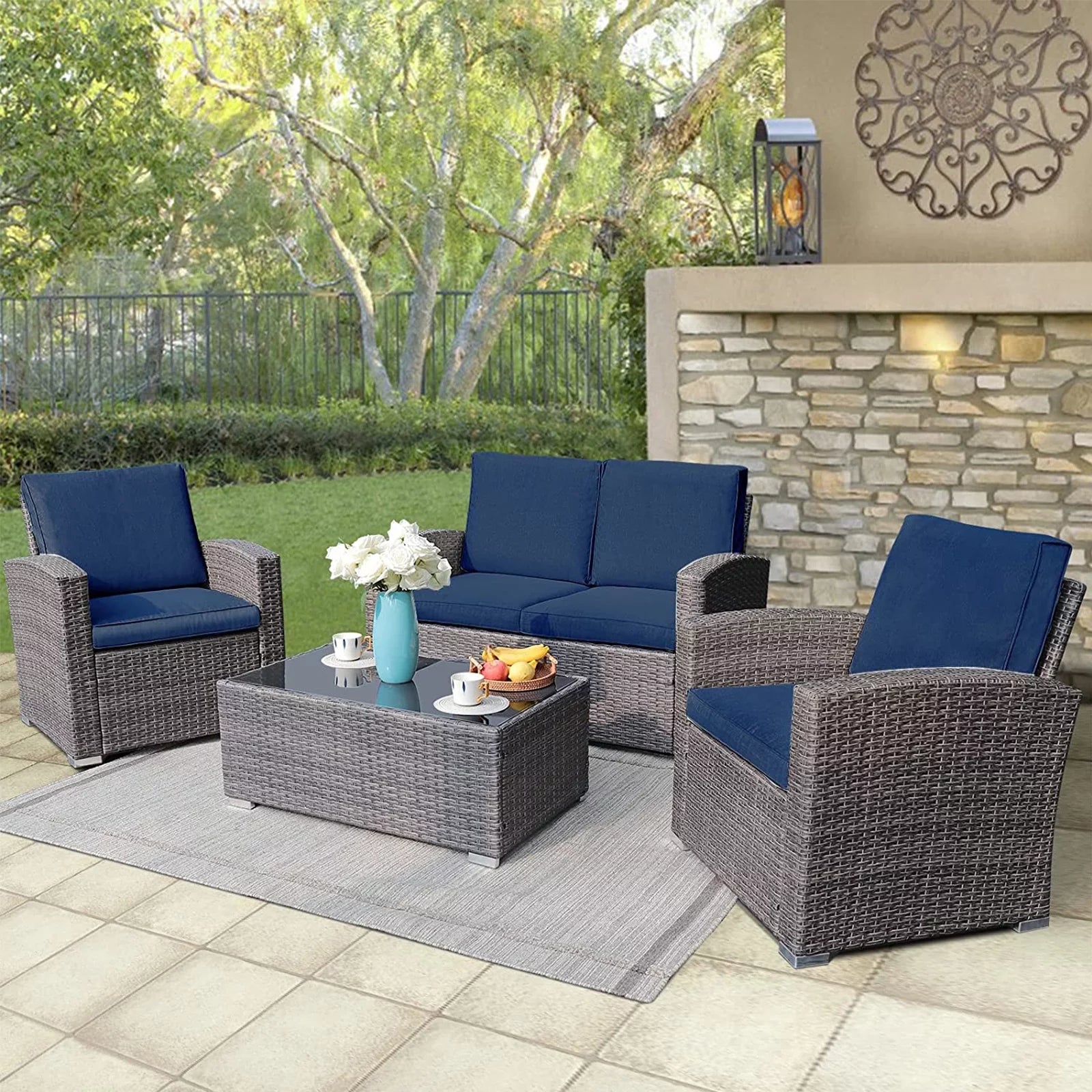 4 Pieces PE Rattan Sectional Outdoor Conversation Sofa Set with Gray Wicker, Navy Blue Cushion