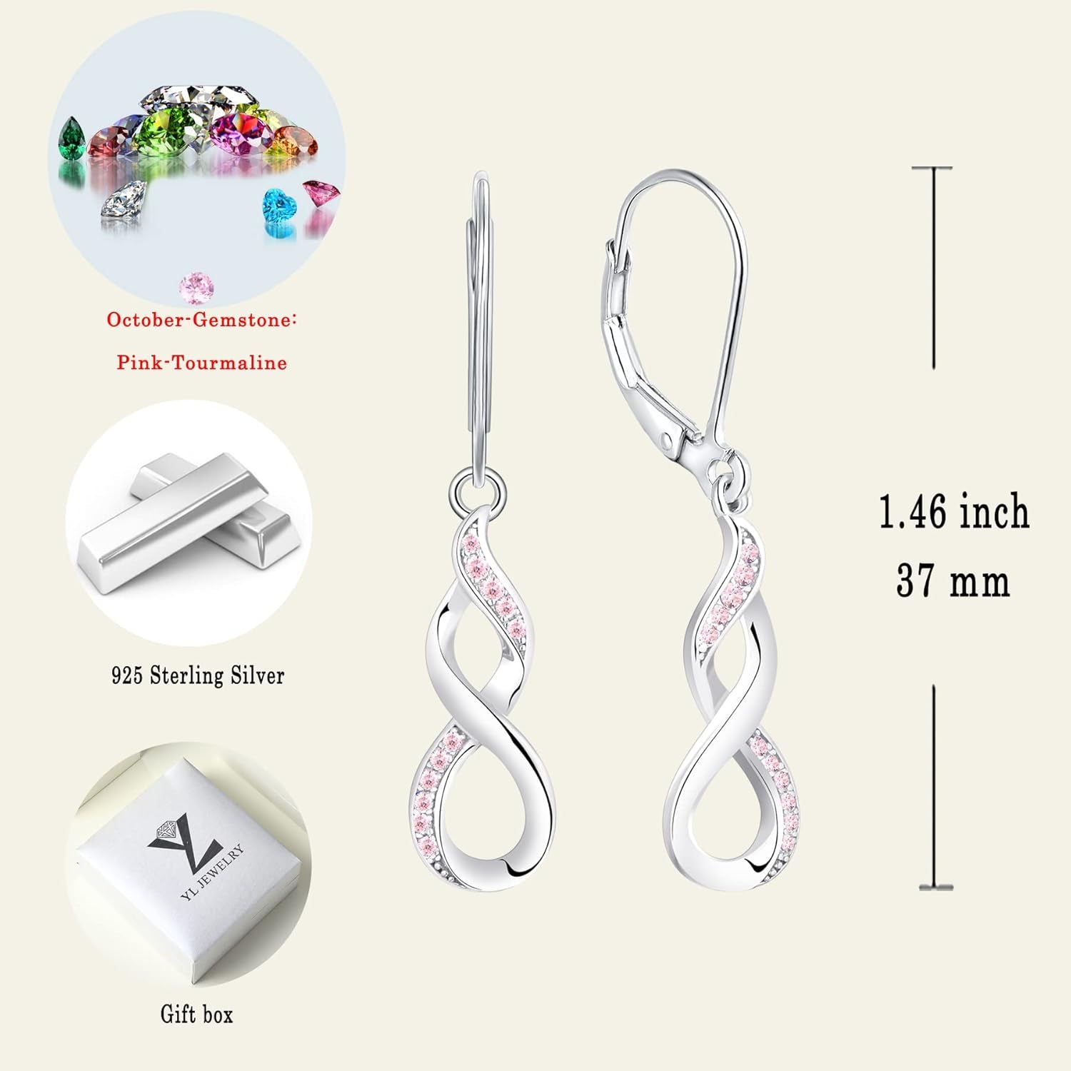 Dangle Drop Infinity Earrings 925 Sterling Silver Leverback Earrings 18K White Gold Jewelry for Women