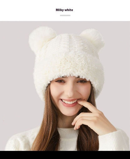 Teddy Bear Ears Fur-Ball Knitted Hat
