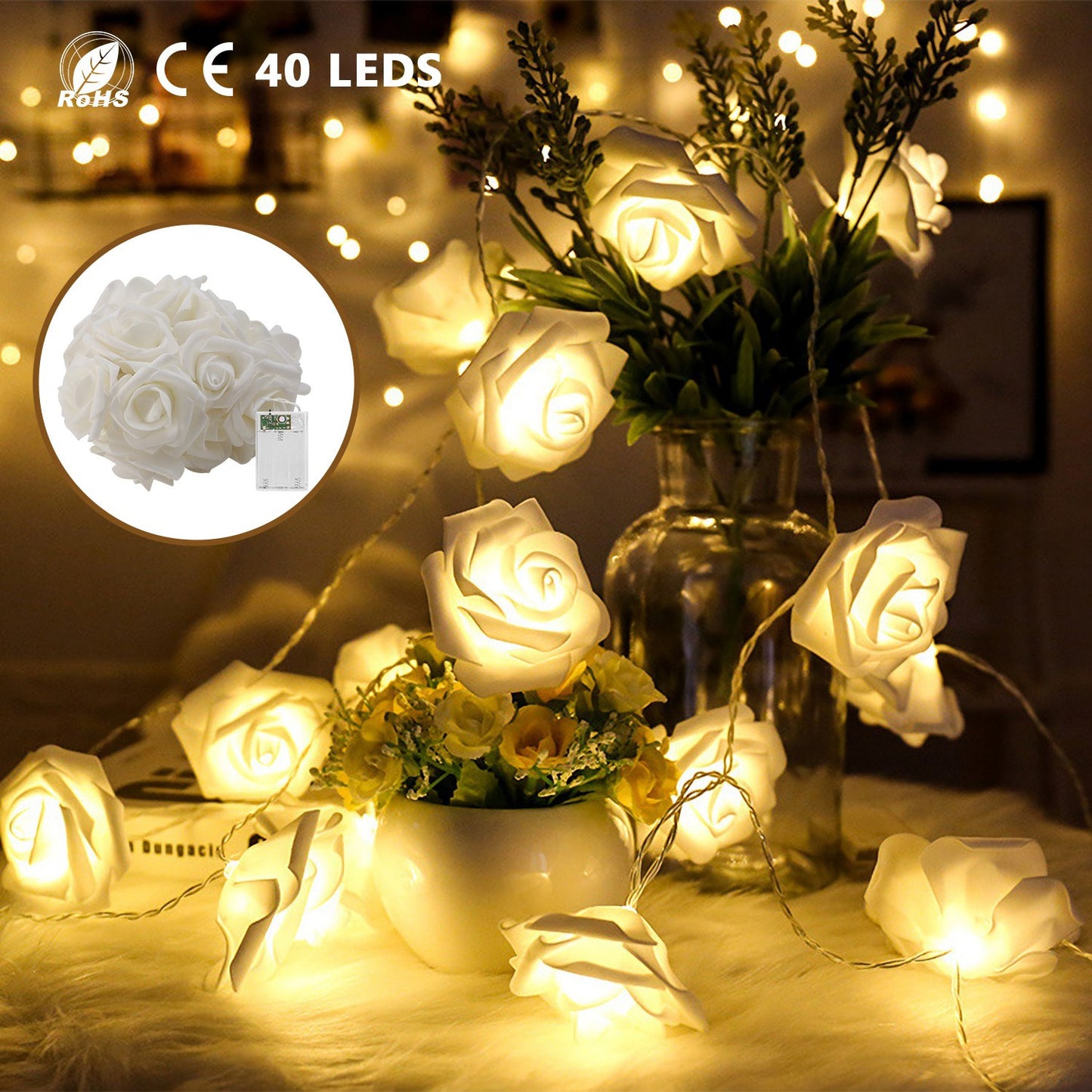 2pk Rose String Lights Set (40 LEDs Total)