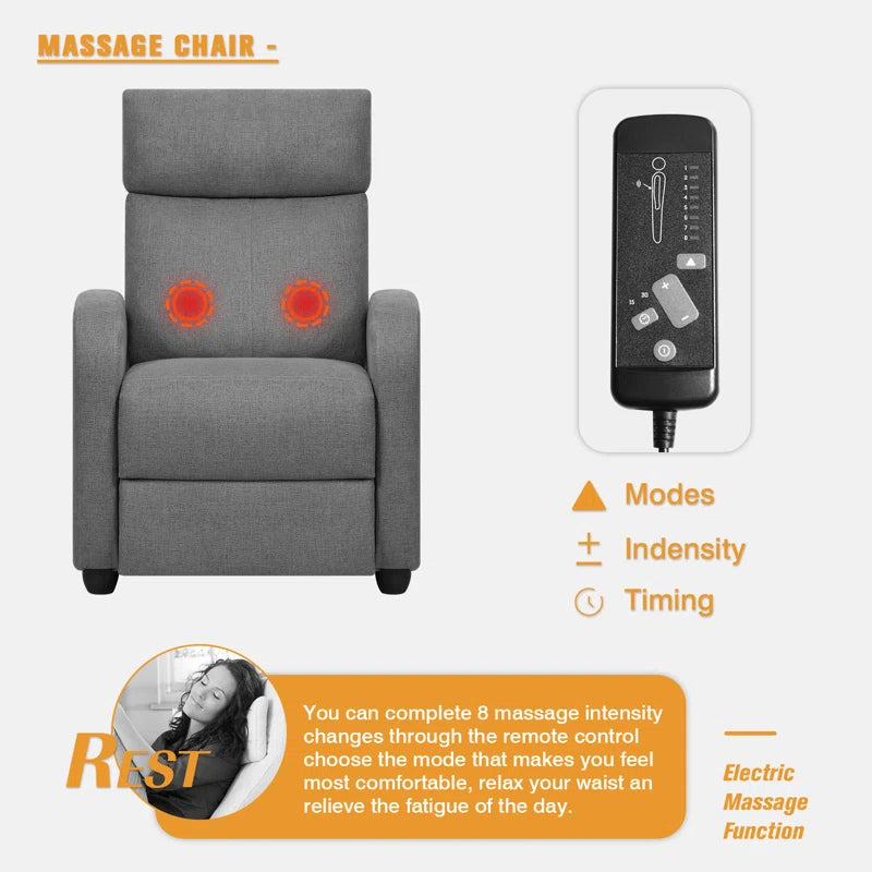 Modern Living Room Recliner Made of Thick Cushion Fabric with Massage Function