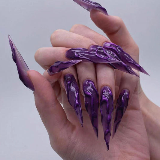 24pc Devil’s Claws Press-On Nails – Long Stiletto Purple Glitter