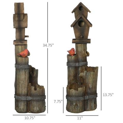 Birdhouse 3-Tier Lighted Log Garden Fountain