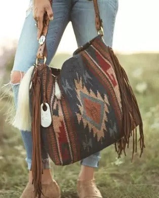 Western Denim Diamond Print Canvas Bag