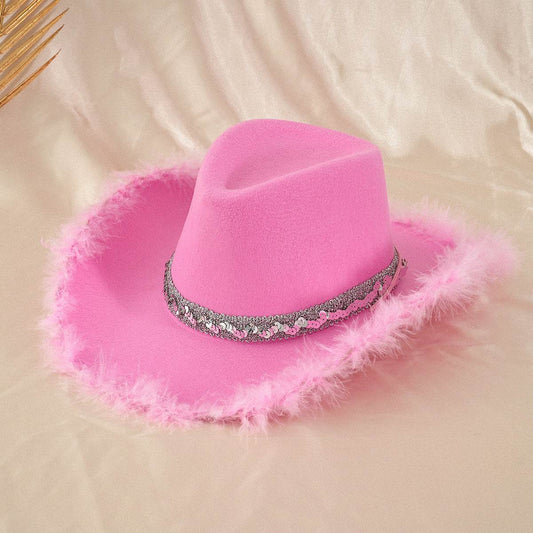 Sequined Ribbon & Upturned Eaves Raw Edge CowGirl Hat! - Shop Jobie