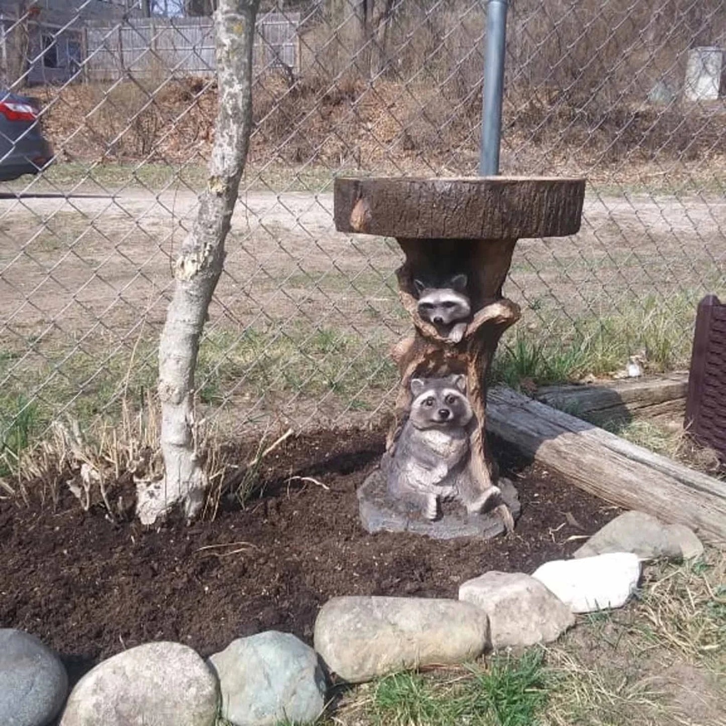 Resin Raccoon Statues Shallow Birdbath