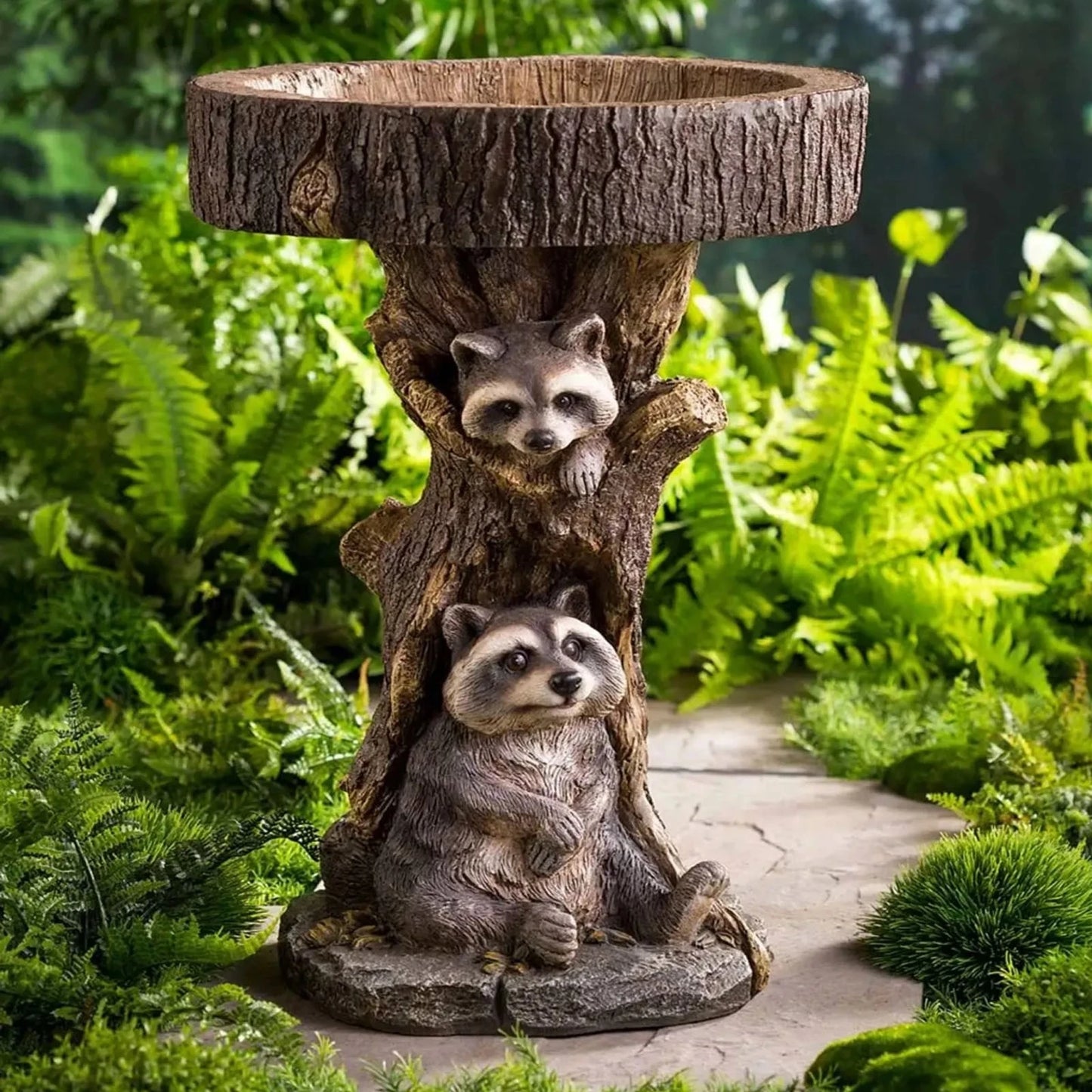Resin Raccoon Statues Shallow Birdbath