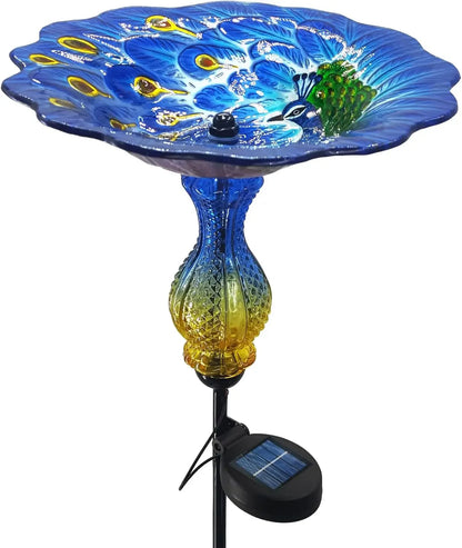 Peacock Glass Bowl Bird Bath w/Solar Light