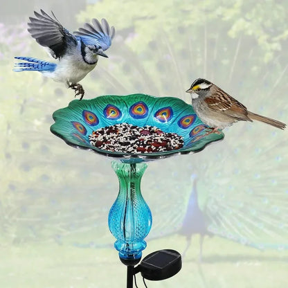 Peacock Glass Bowl Bird Bath w/Solar Light