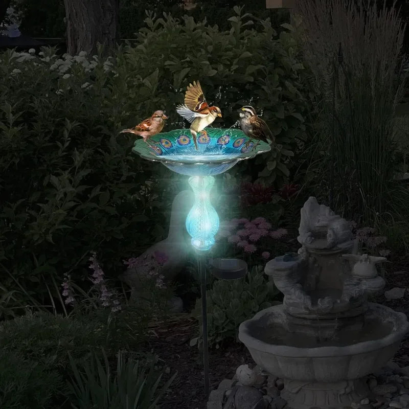 Peacock Glass Bowl Bird Bath w/Solar Light