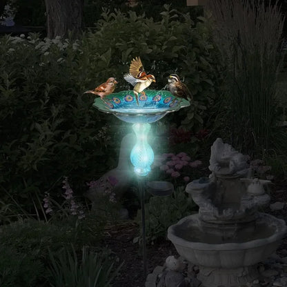 Peacock Glass Bowl Bird Bath w/Solar Light