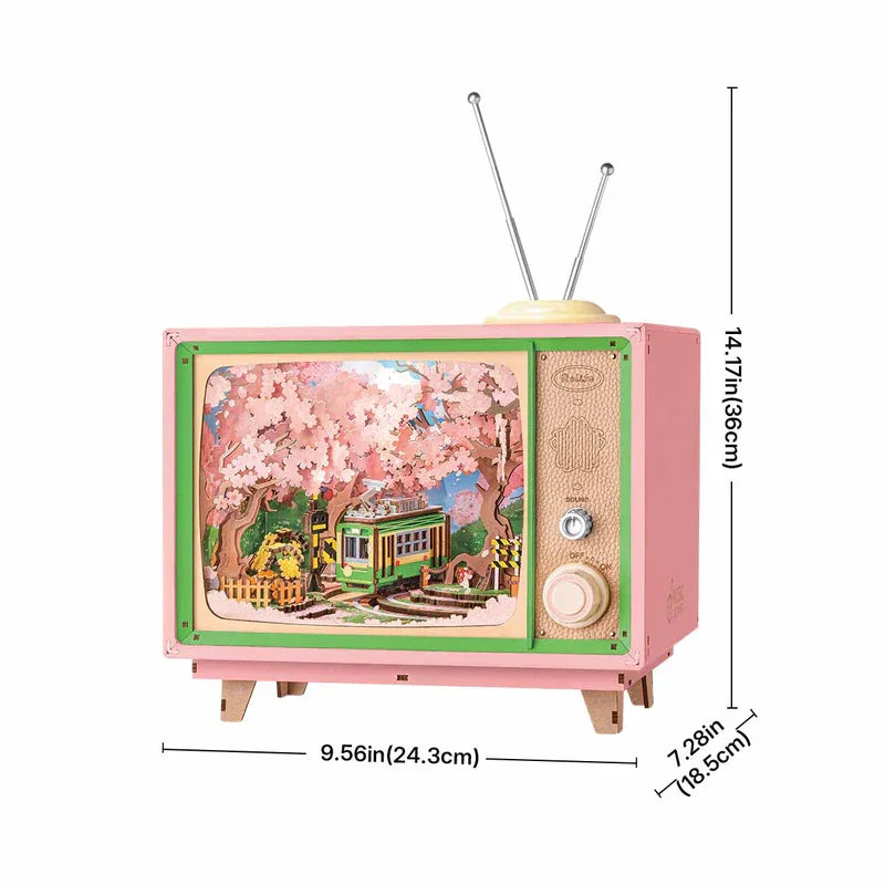 3D Wooden Puzzle DIY Kits - 283pc Sakura Dreamy Retro TV w/Lights