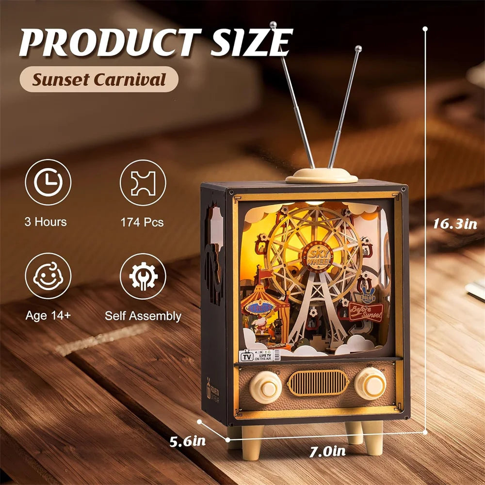 3D Wooden Puzzle DIY Kits - 174pc Music Box Sunset Carnival TV w/Lights