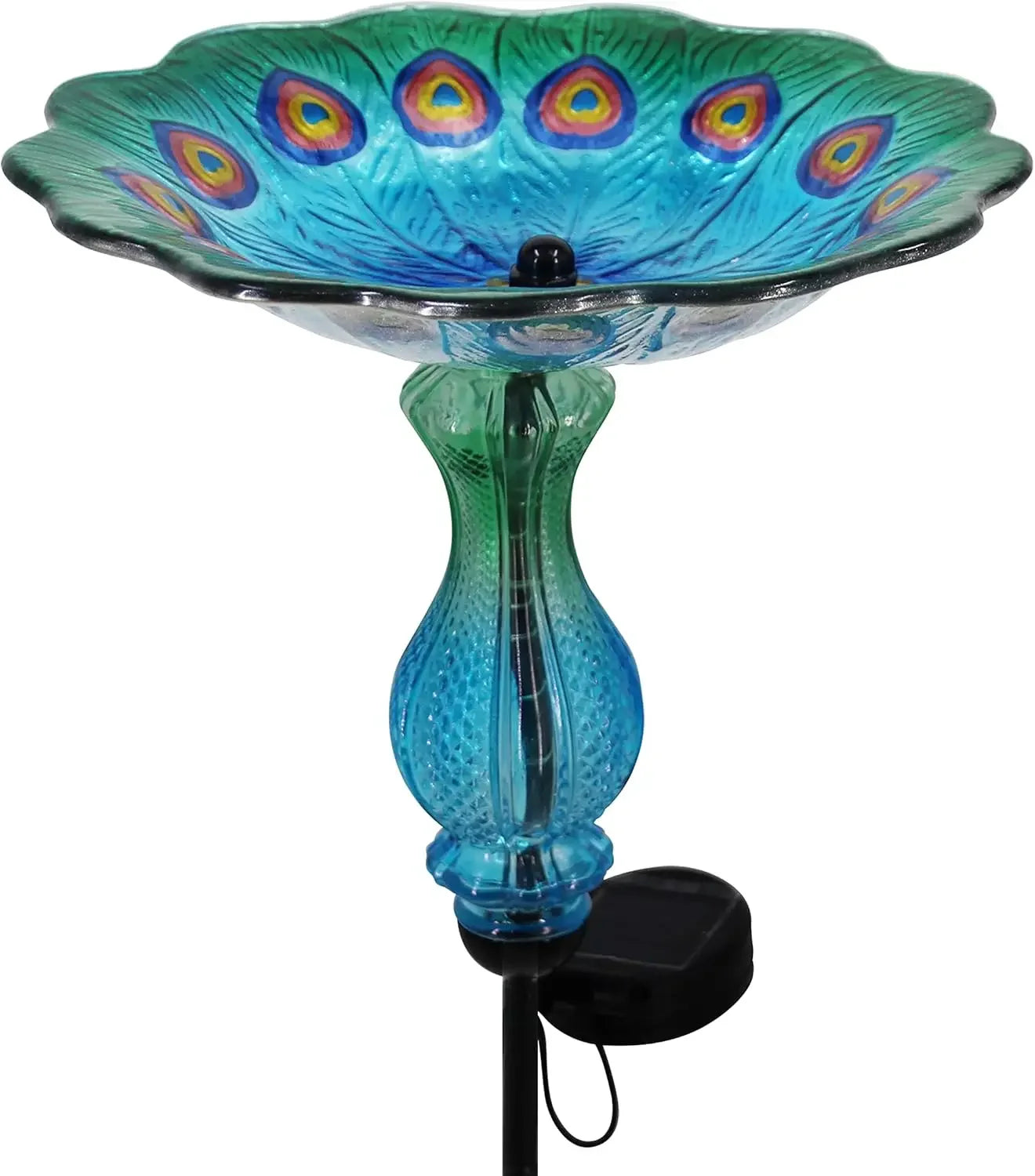 Peacock Glass Bowl Bird Bath w/Solar Light