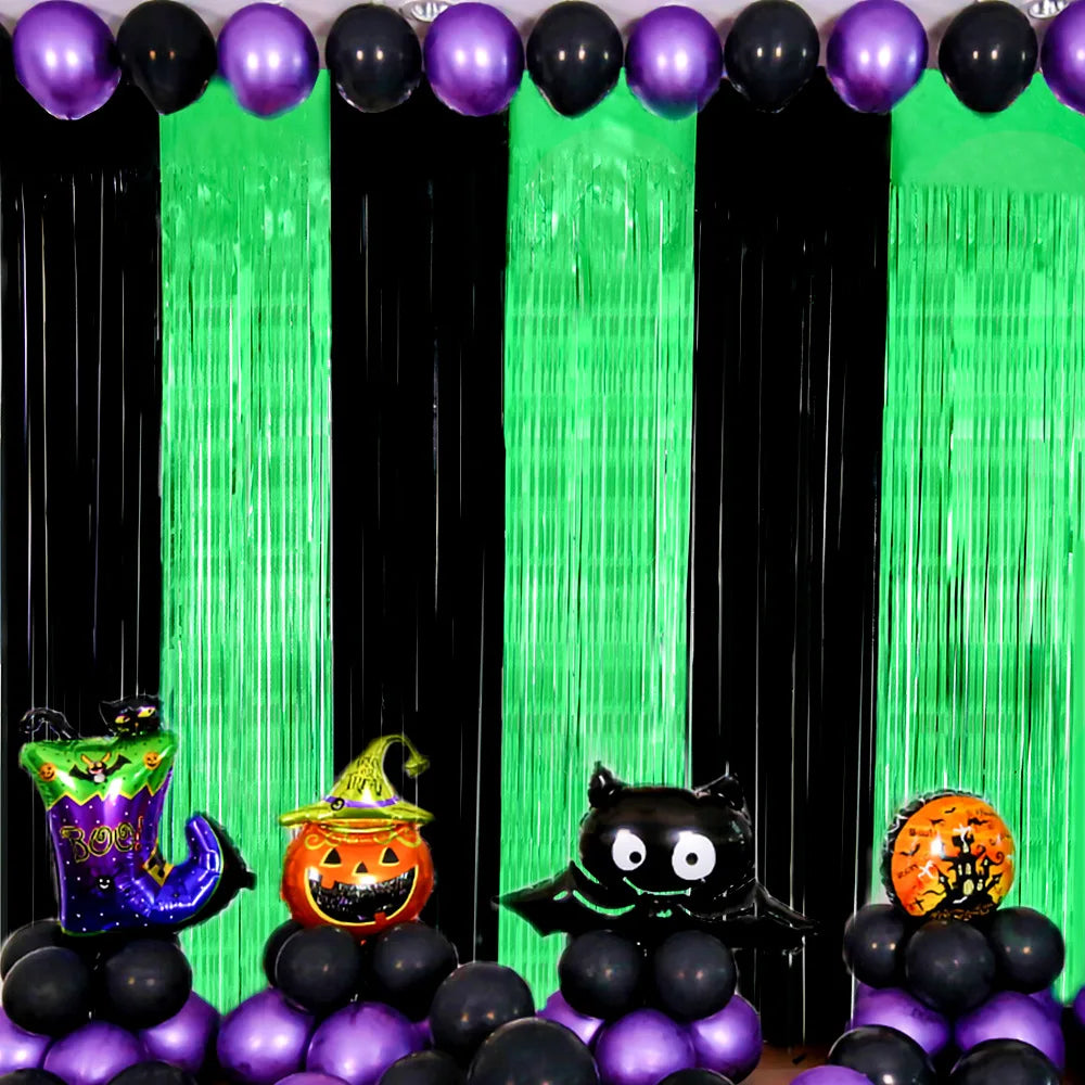 Versatile Black Green Metallic Fringe Backdrop Curtain